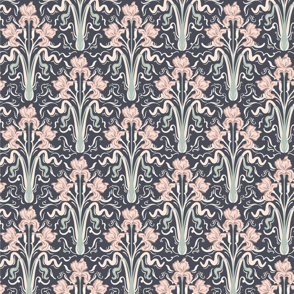 a pattern with pink and blue flowers on a black background, Verdant Victoriana