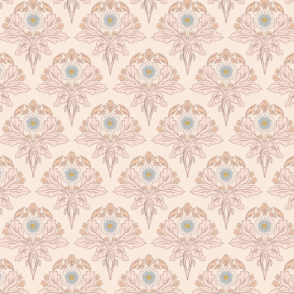 a pink and blue floral pattern on a beige background, Victorian Iris