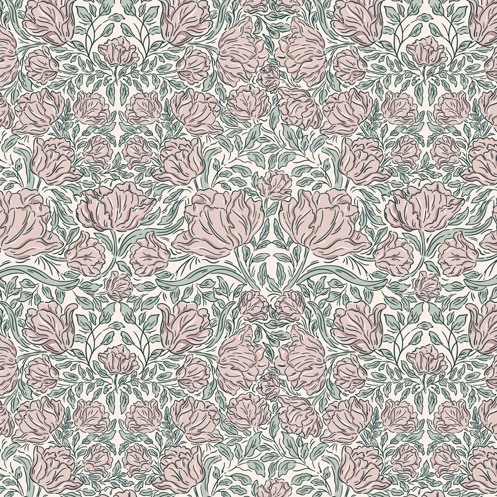 a floral wallpaper with pink and green flowers, Laced Tulips